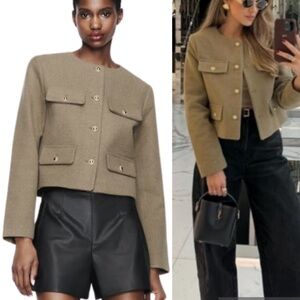NEW Zara Olive Tan Tweed Gold Button Flap Pocket Cropped Blazer Jacket - XL